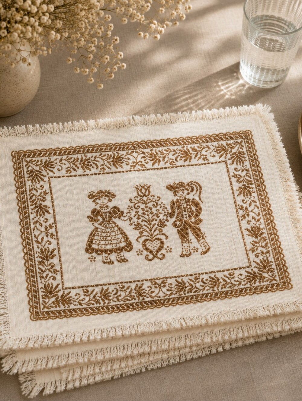 Vintage Austrian Woven Placemats Set of 4 Folk Art Brown Linen Cotton